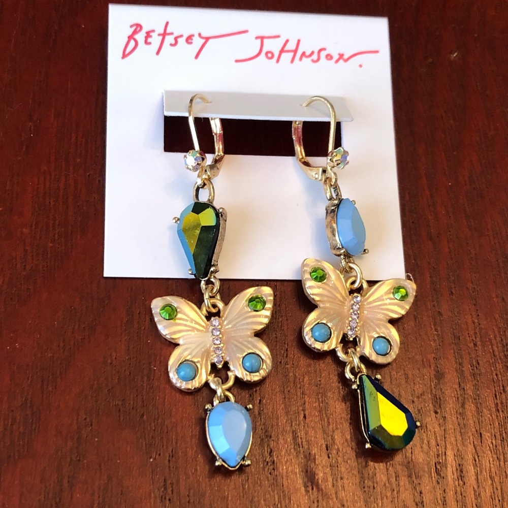 Betsey Johnson Butterfly Mismatch Drop Earrings Crystal & Faux Turquoise NWT